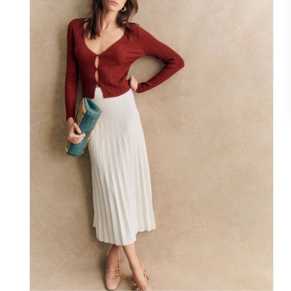 BEST Sezane Leonine Knit Midi Skirt Small Ecru Ivory Off White French Stretchy